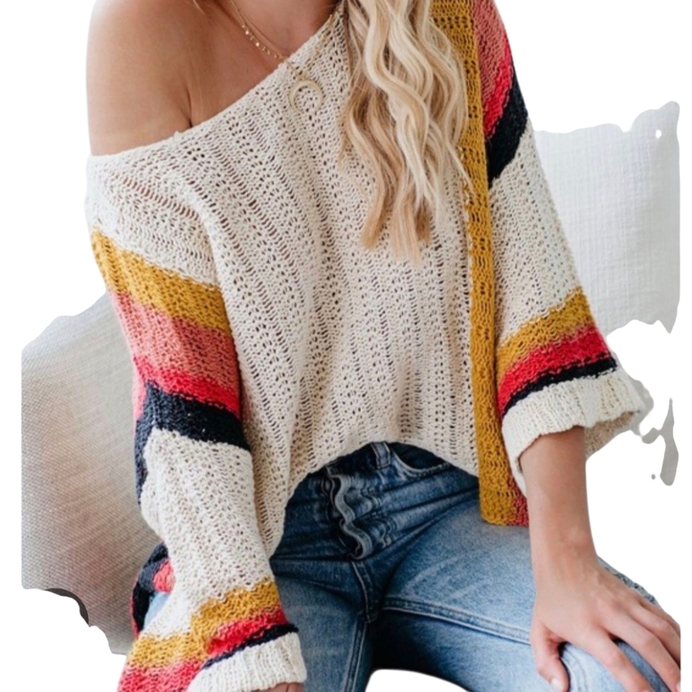 Macaron Womens Open Knit Long Sleeve Pullover Sweater Small Stripes Cream M Bin